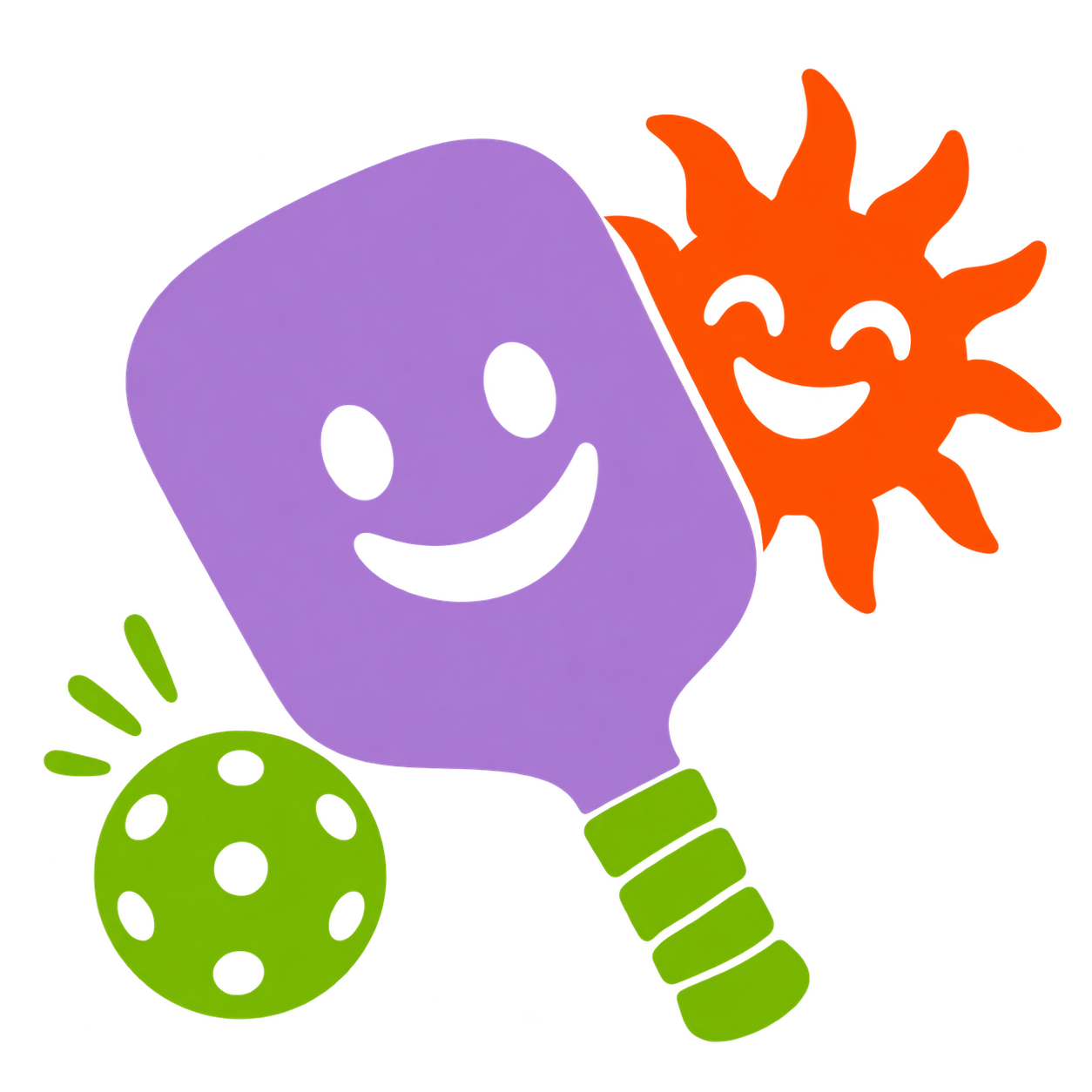 Pickleball paddle, ball and a smiling sun