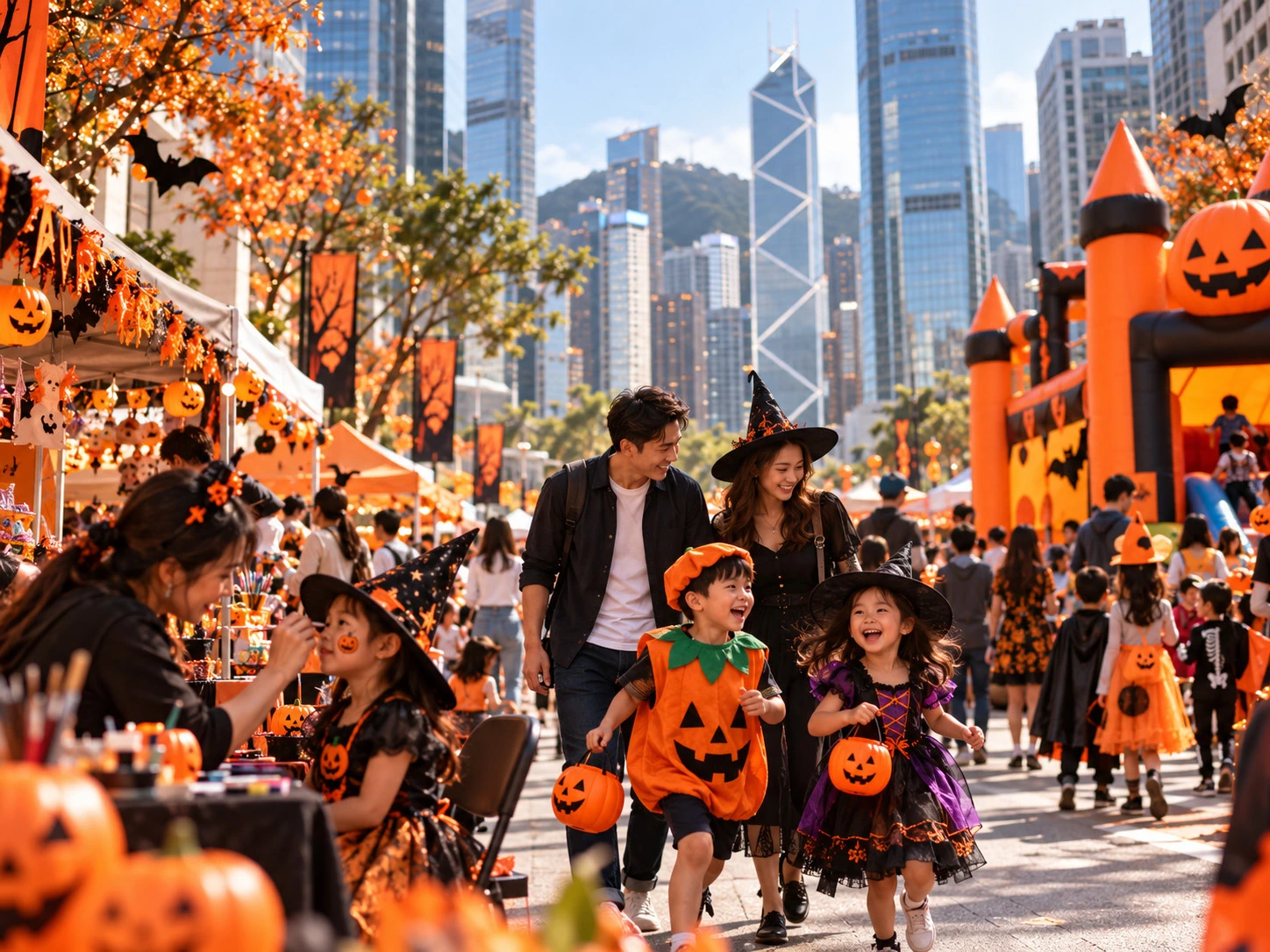 A family in Halloween costumes exploring the pumpkin stalls and activities in Central